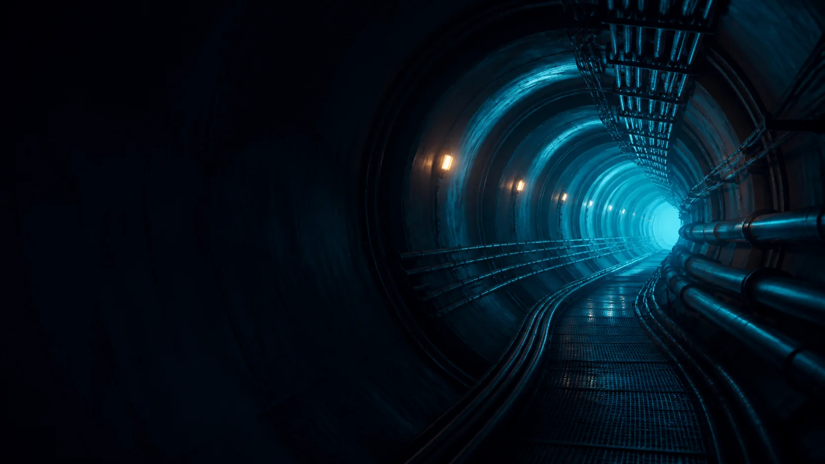 Fictional circular industrial service tunnel glowing cyan
